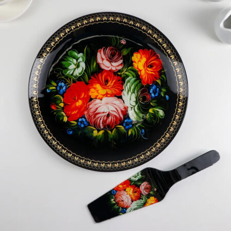 Πιάτο γυάλινο με σπάτουλα "Golden Khokhloma", "Zhostovo" (Ø 30cm)